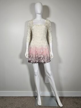 Free People Snow Gardeb Ivory to Pink Ombre Lace Mini Dress Sz 0